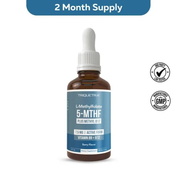 L-Methylfolate 5-MTHF Plus Methyl B12 liquid dietary supplement.