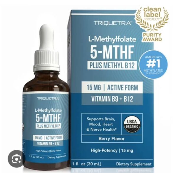 L-Methylfolate 5-MTHF Plus Methyl B12 liquid dietary supplement.